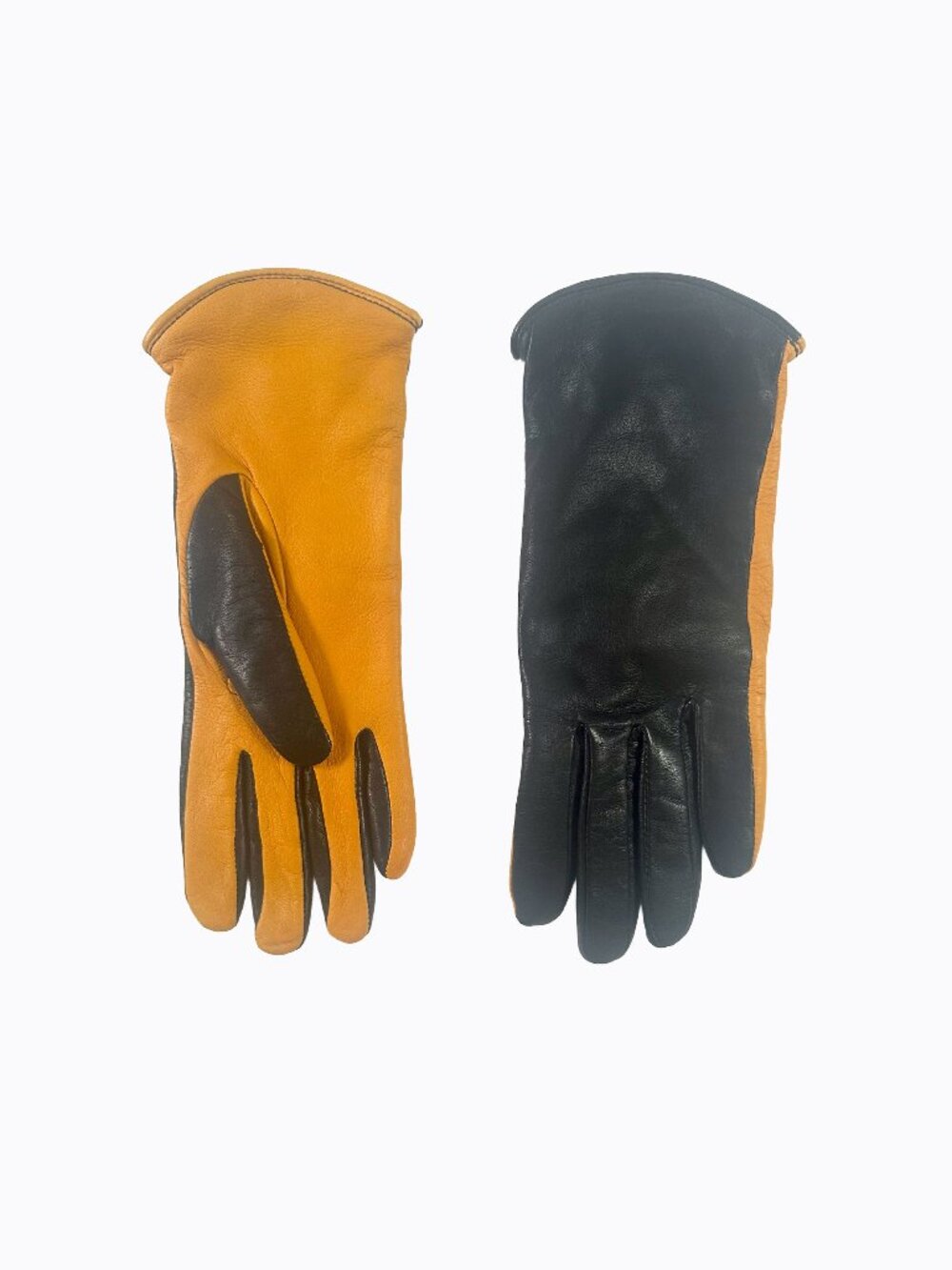Vintage Two Tone Leather Cashmere Gloves S Black Ochre Saffron Whimsigoth Luxury